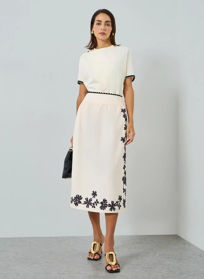 Floral A-Line Lace Hem Skirt Beige