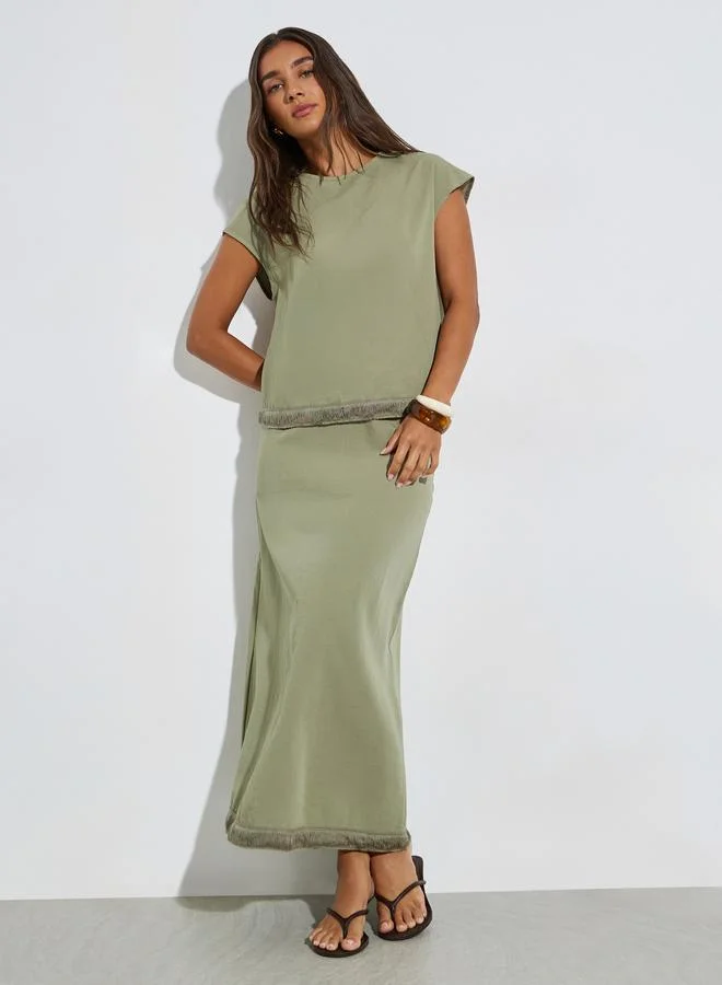 Fringe Hem Top & Midi Skirt Set, Green