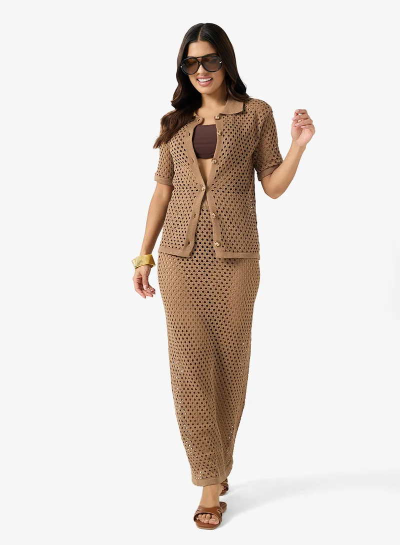 Crochet Button Down Shirt Maxi Skirt Set