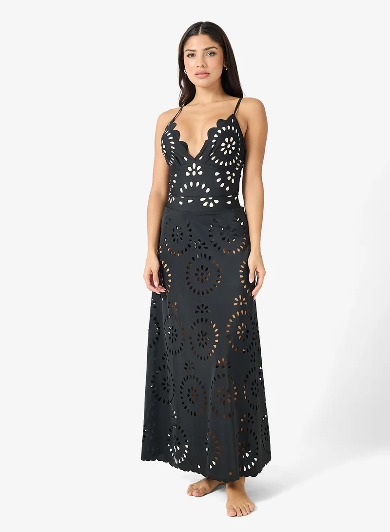 Openwork Crochet Bodysuit A-Line Skirt Set
