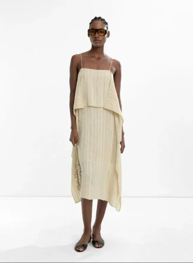 Pale Yellow Striped Tiered Midi Strap Dress