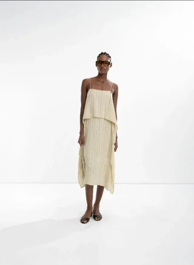 Pale Yellow Striped Tiered Midi Strap Dress – image 4