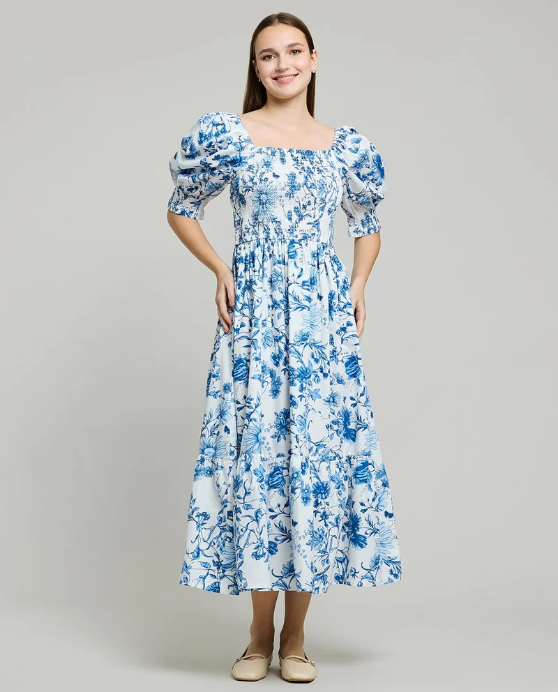 Printed Midi Dress Square Neck Puff Sleeve