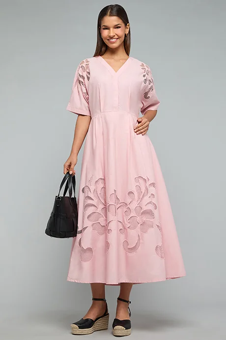 V-Neck Short Sleeve Mesh Flared Dress