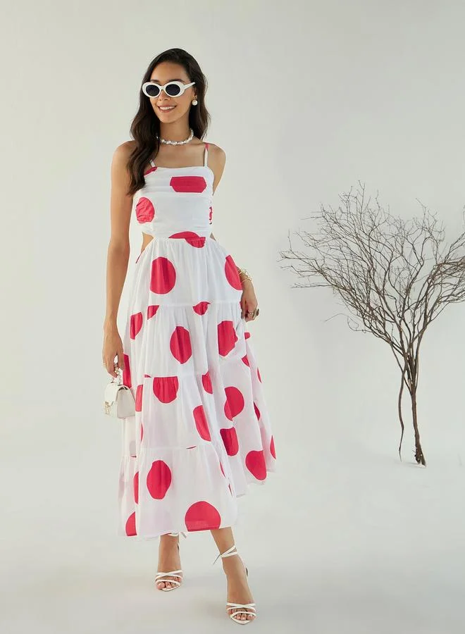 Sassafras Back Cut-Out Polka Dot Midi Dress White