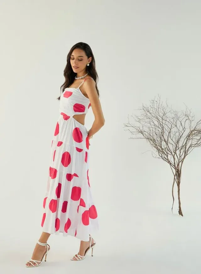 Sassafras Back Cut-Out Polka Dot Midi Dress White – image 7