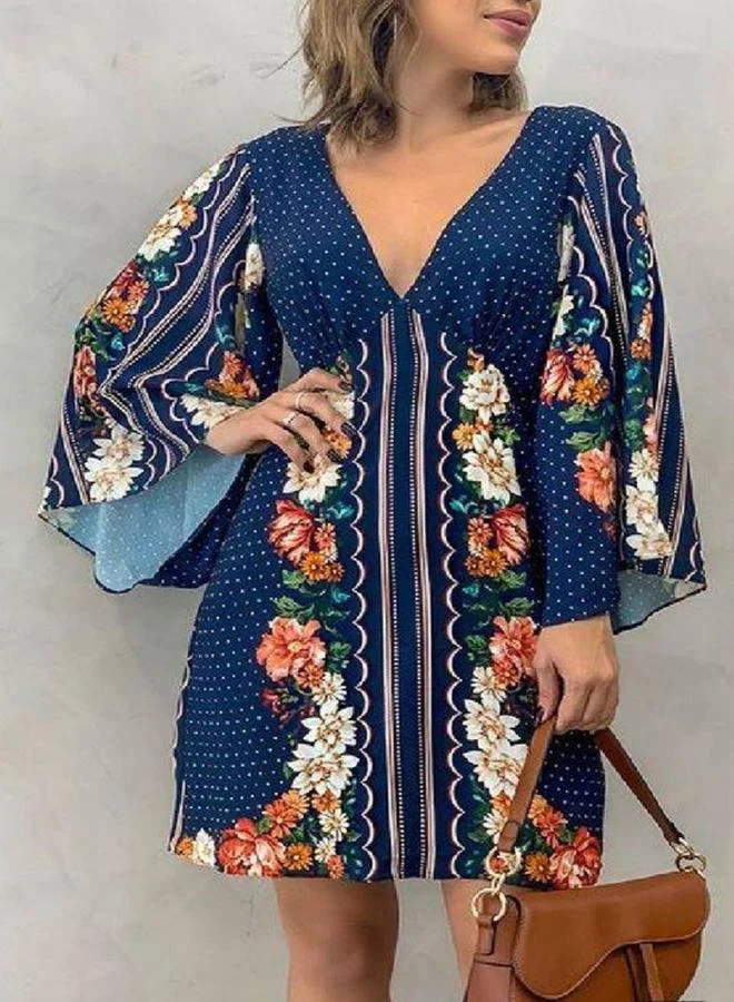 Women's Floral Print V-Neck Loose Long-Sleeve Mini Dress