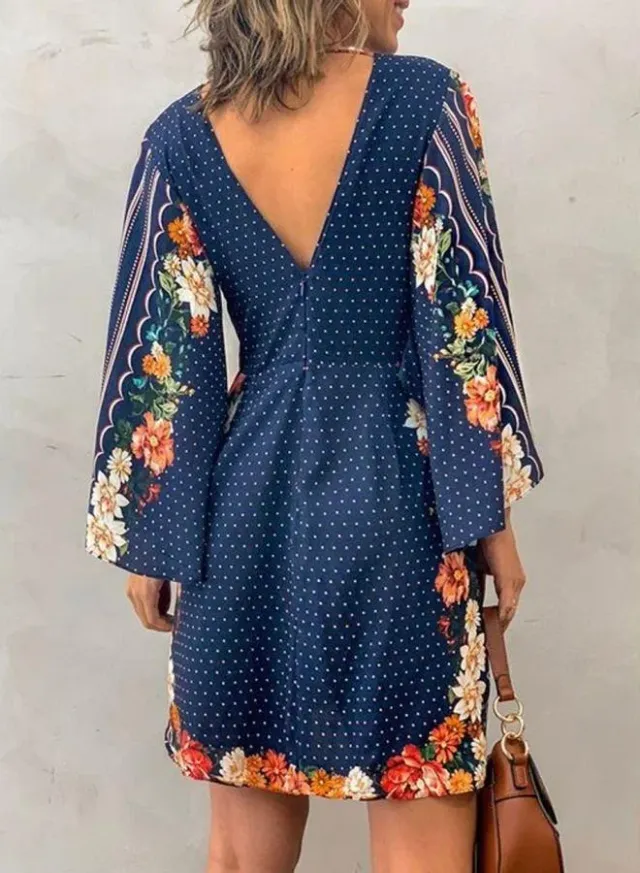 Women's Floral Print V-Neck Loose Long-Sleeve Mini Dress – image 2