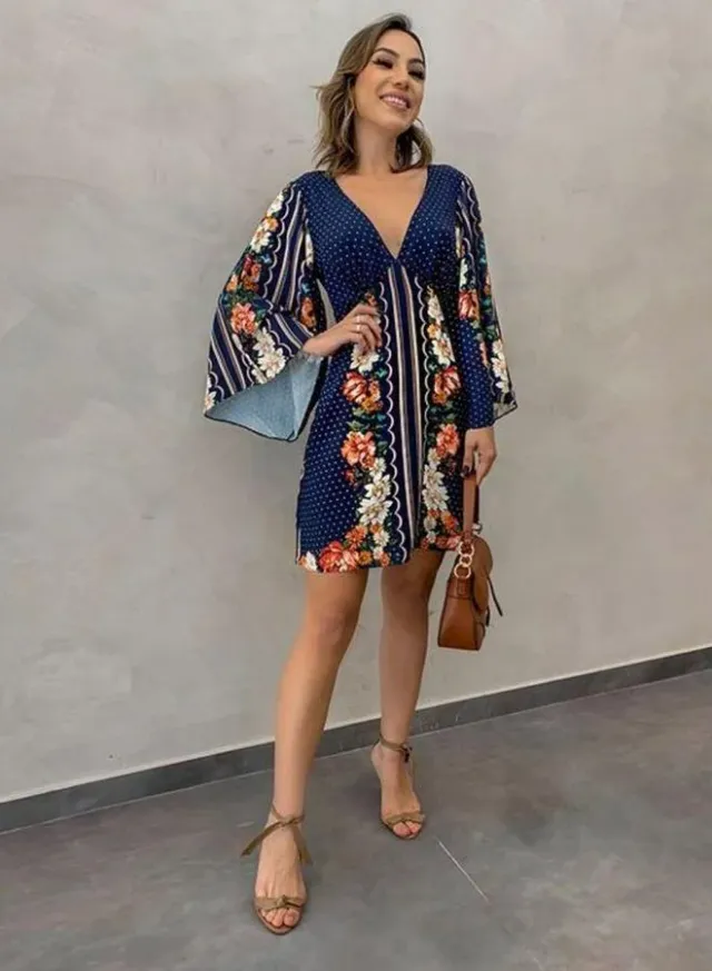 Women's Floral Print V-Neck Loose Long-Sleeve Mini Dress – image 4