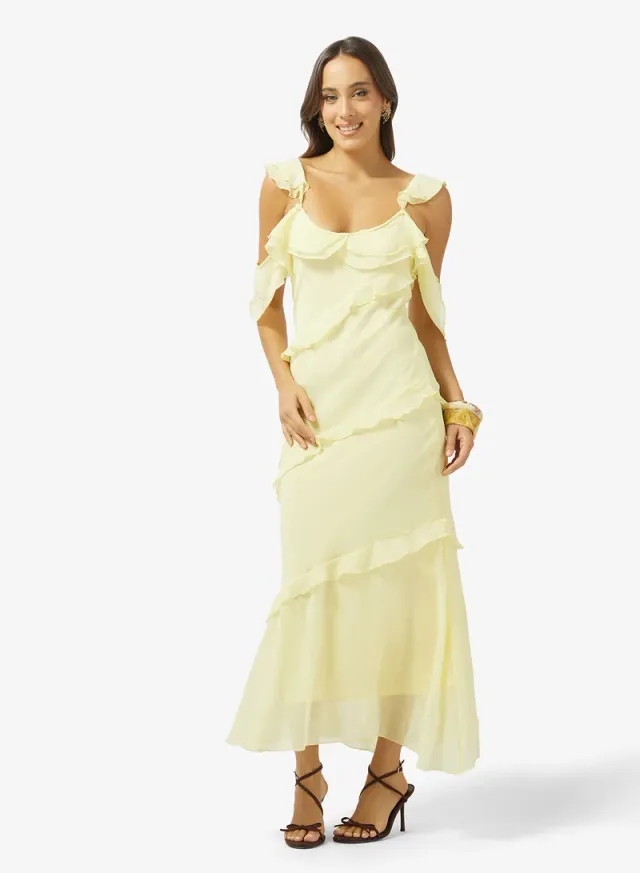 Pale Yellow Maxi Cold Shoulder Tiered Sun Dress – image 4