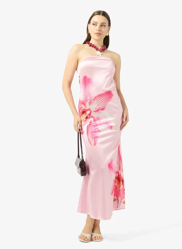 Light Pink Floral A-Line Maxi Dress - Off-Shoulder Neckline – image 4