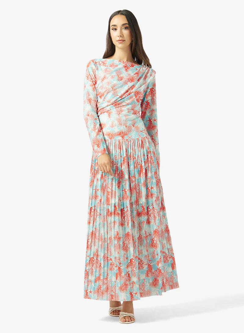 Sea Coral Print Pleat Detail Dress