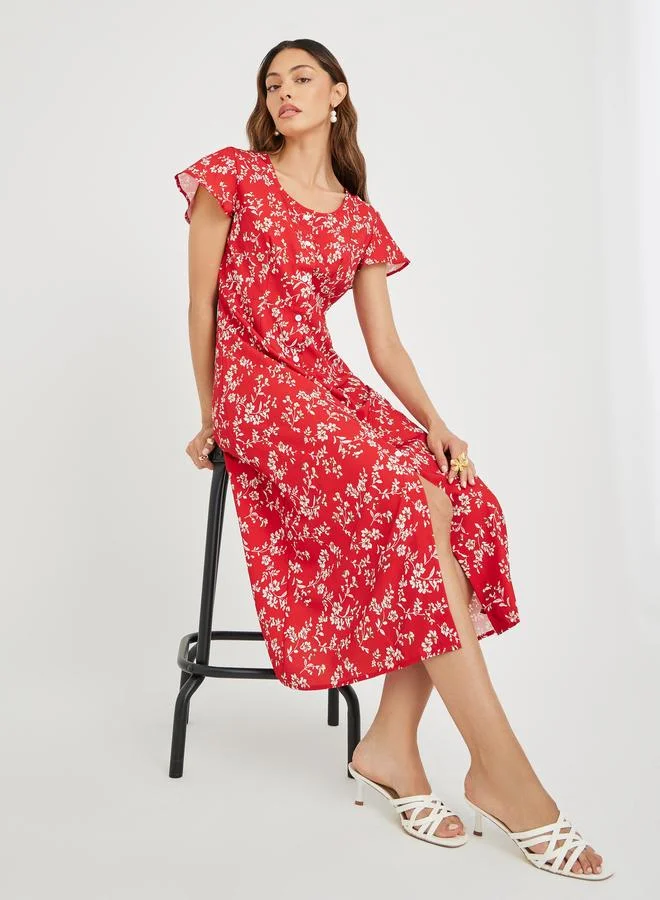 Women's Floral Print Button Front A-Line Midi Dress Red