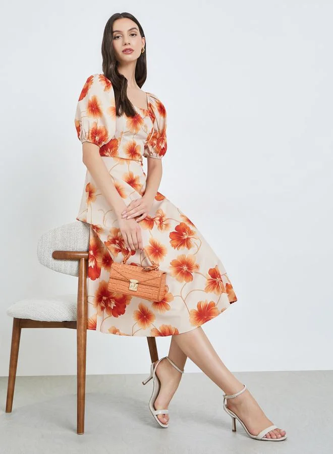 Floral Midi Dress with Puff Sleeves Beige