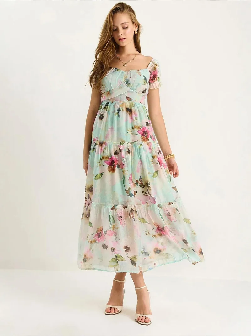 LUCCI Heart Collar Floral Print Midi Dress