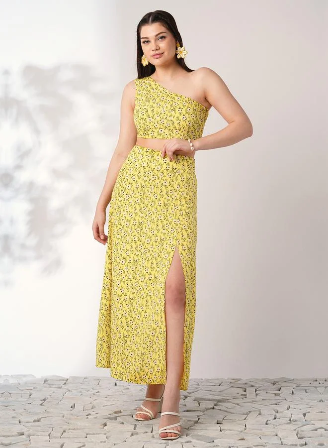 Floral One-Shoulder Crop Top Skirt Co-Ord Yellow