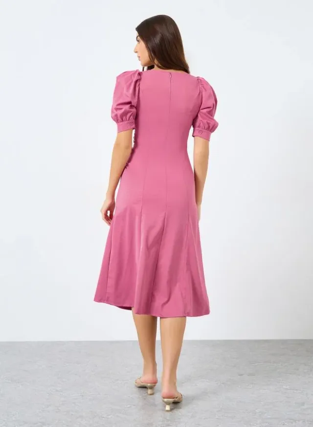 Puff Sleeves Gathered A-Line Midi Dress – image 5