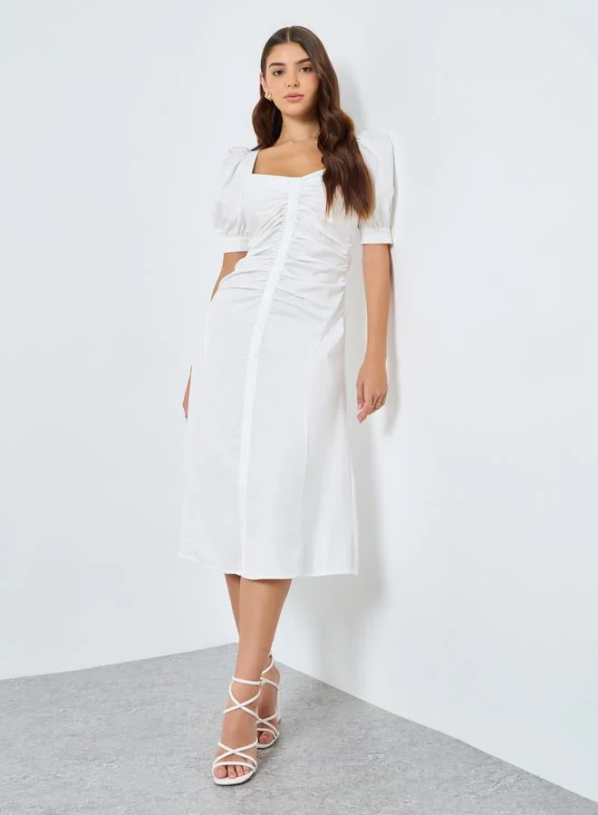 Puff Sleeves Gathered A-Line Midi Dress