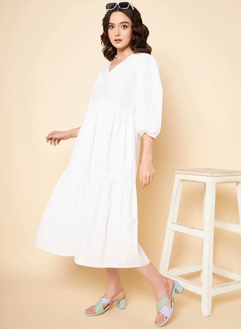 Puff Sleeve Tiered Fit & Flare Midi Dress White
