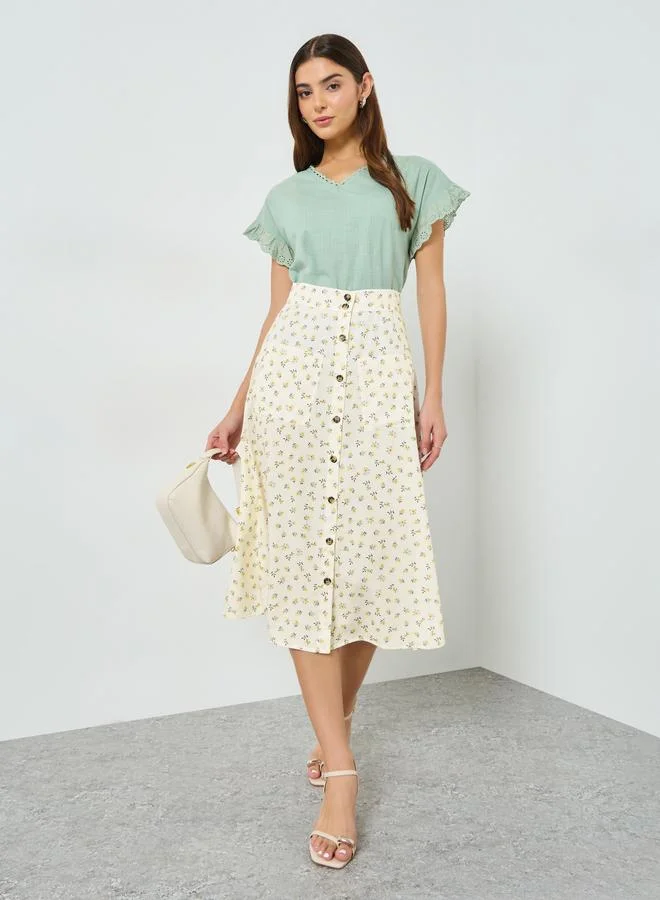 Ditsy Print Buttoned Front Midi Skirt, Beige