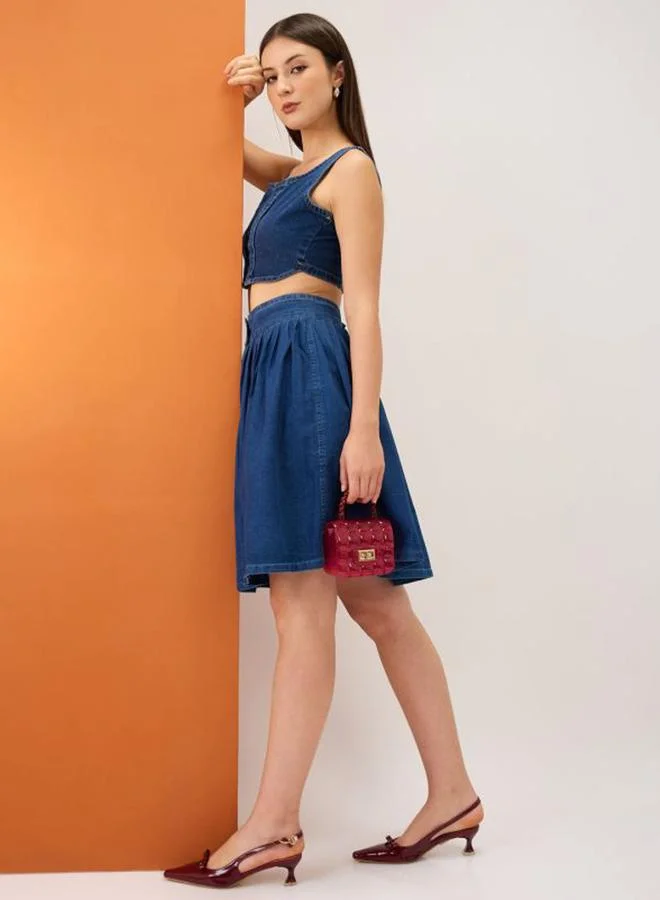 Pleated Button-Down Mini Denim Skirt Blue