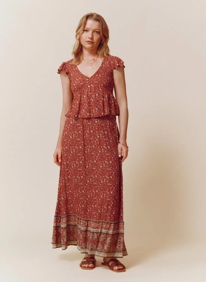 Sustainable Viscose Border Print Midi Skirt with Drawstring