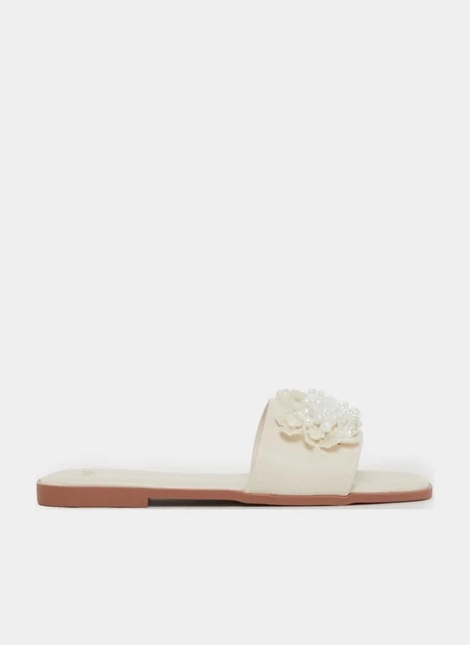Pearl Embellished Flat Sandals Beige