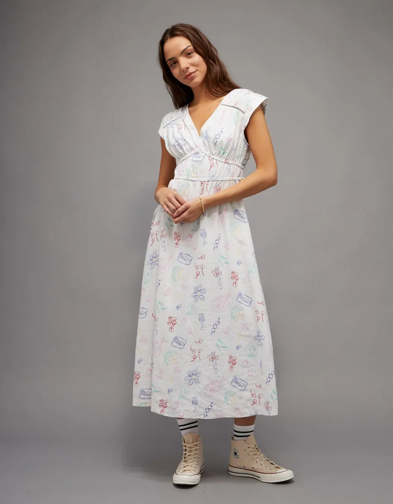 Ruched Linen-Blend Midi Dress