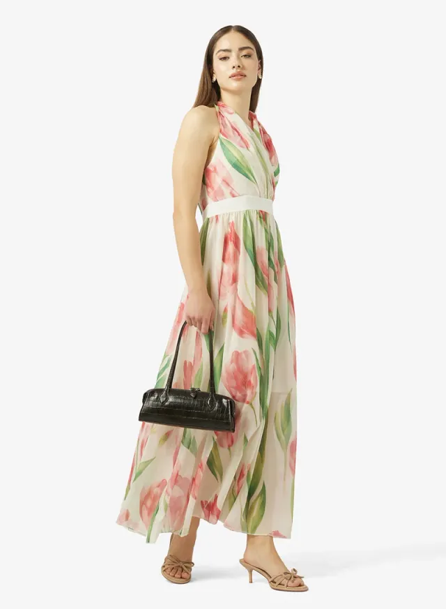 Ginger Pink and Green Floral Halter Neck Maxi Wrap Dress – image 4