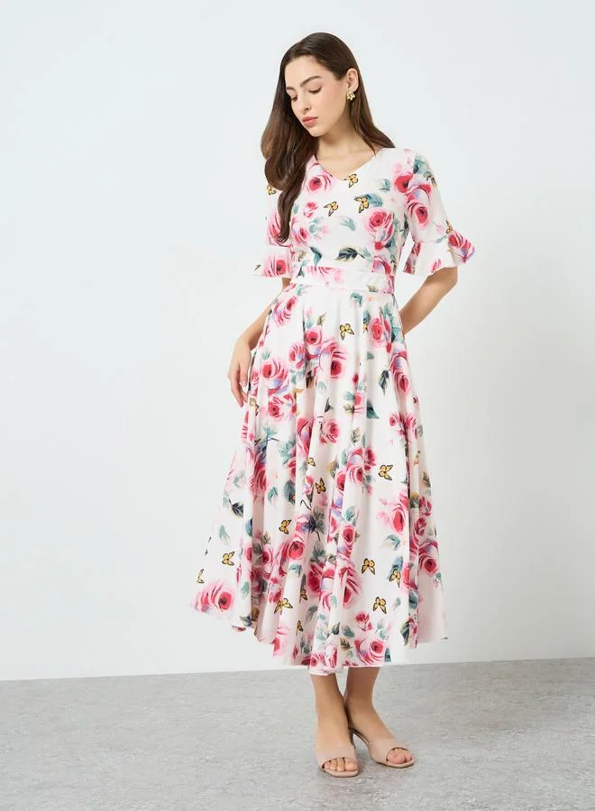 Floral Print V-Neck Midi Dress