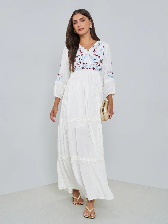 Embroidered 3/4 Sleeve Maxi Dress Off White
