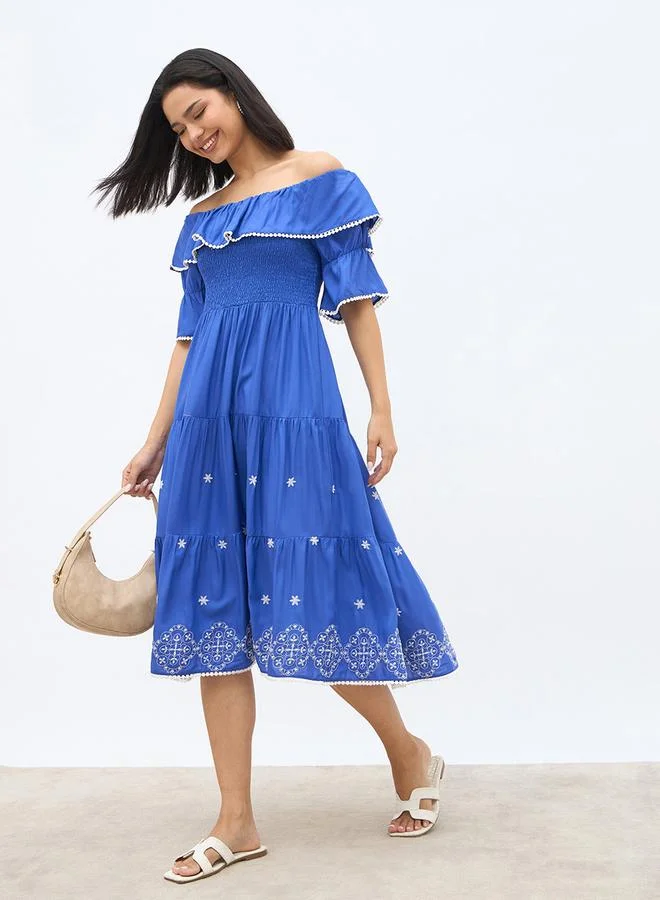 Embroidered Off-Shoulder A-Line Smocked Midi Dress Blue