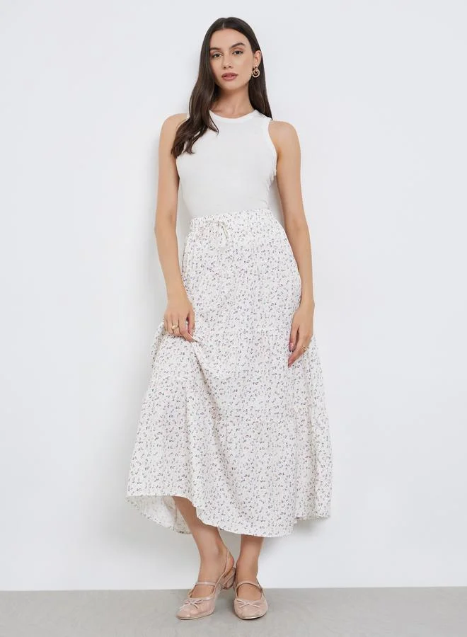 Floral Print Elastic Waist A-Line Maxi Skirt