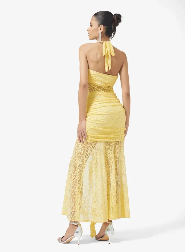 Lemon Yellow Halter Neck Lace Maxi Dress with Ruched Detail and Slit – image 2