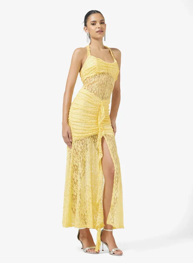 Lemon Yellow Halter Neck Lace Maxi Dress with Ruched Detail and Slit – image 4