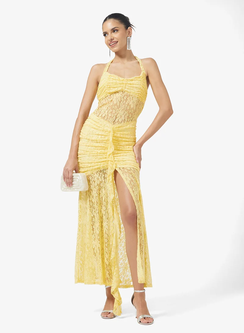 Halter Neck Lace Ruched Slit Dress