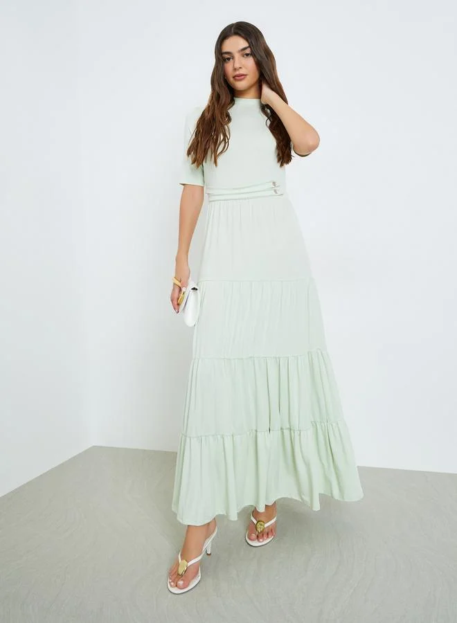 Short Sleeve Tiered Maxi Dress Green