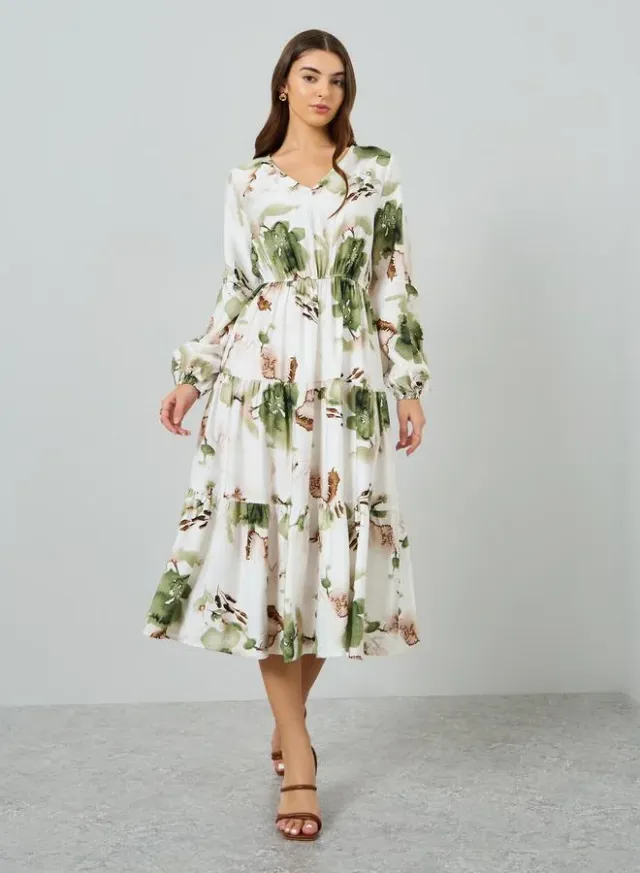 Women's Floral Balloon Sleeve Midi Dress Green – image 2