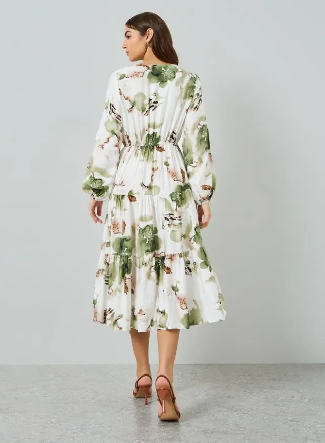 Women's Floral Balloon Sleeve Midi Dress Green – image 4