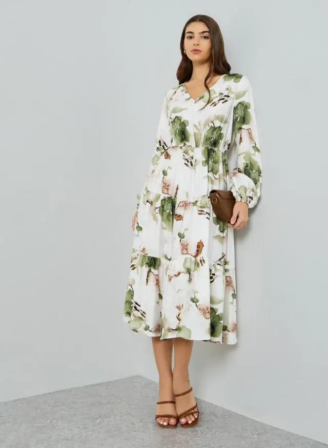Women's Floral Balloon Sleeve Midi Dress Green – image 5
