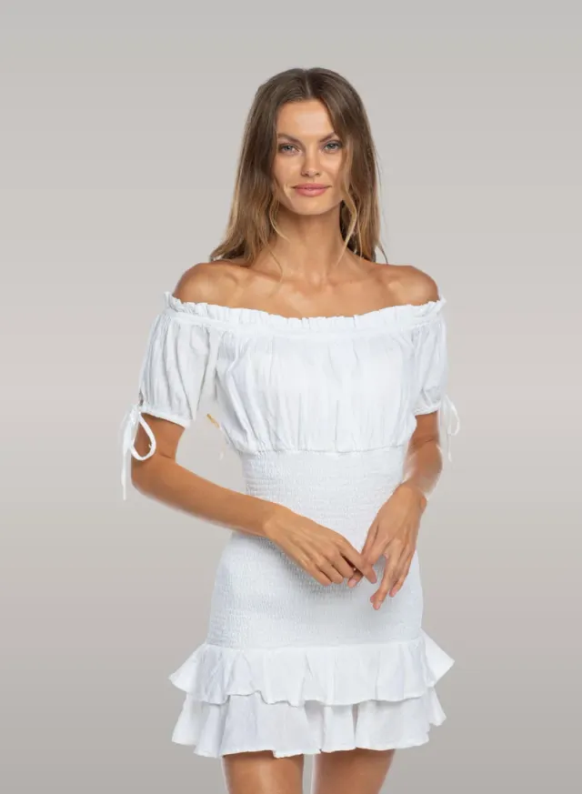 White Mini Off-Shoulder Ruffle Cotton Dress – image 2