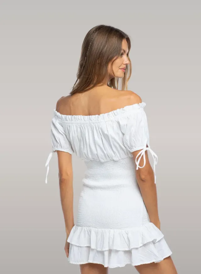 White Mini Off-Shoulder Ruffle Cotton Dress – image 4