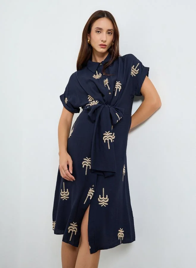 Women's Embroidered Palm Midi Shirt Dress