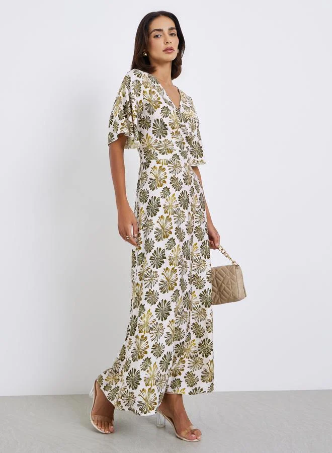 Floral Half-Sleeve A-Line Maxi Dress