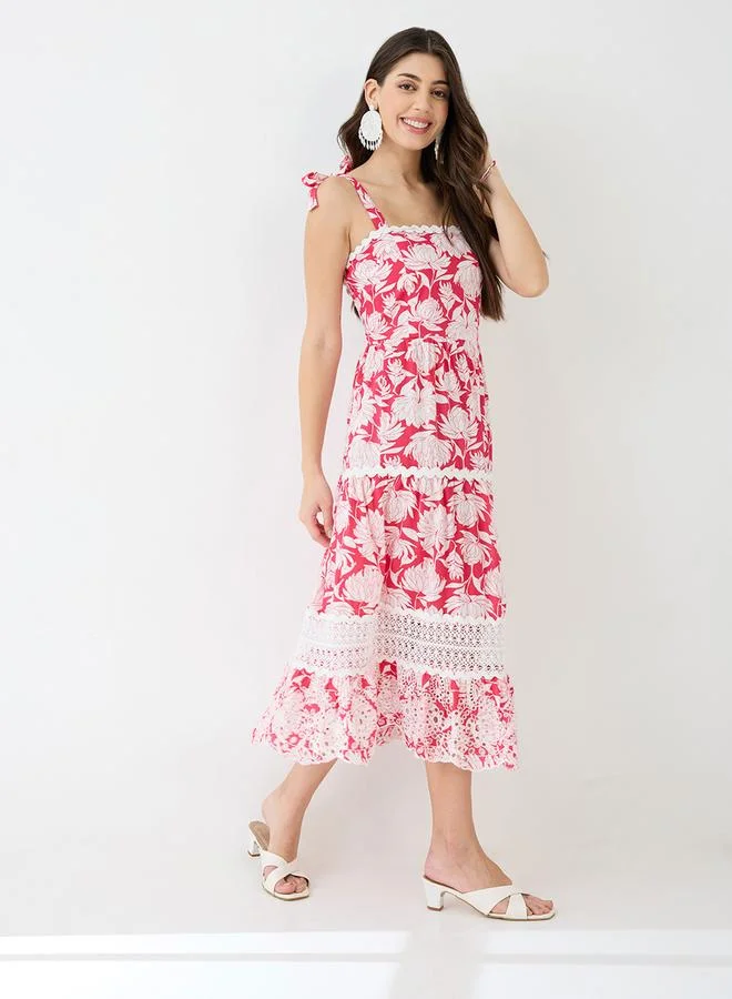 Floral Tie-Up Strappy Tiered Midi Dress, Red