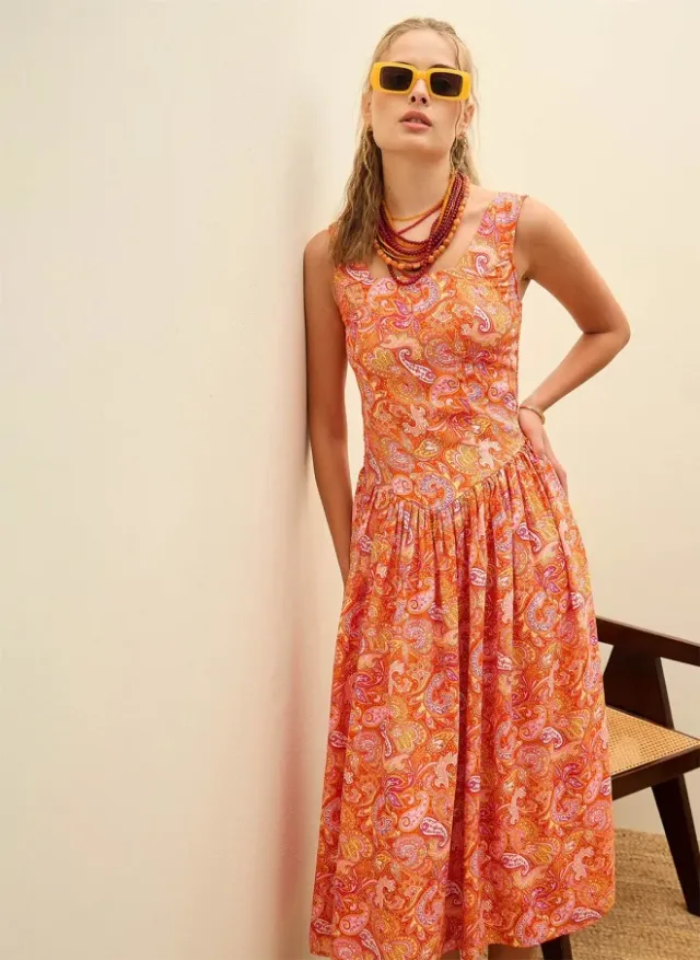 Paisley Print Sleeveless Midi Dress