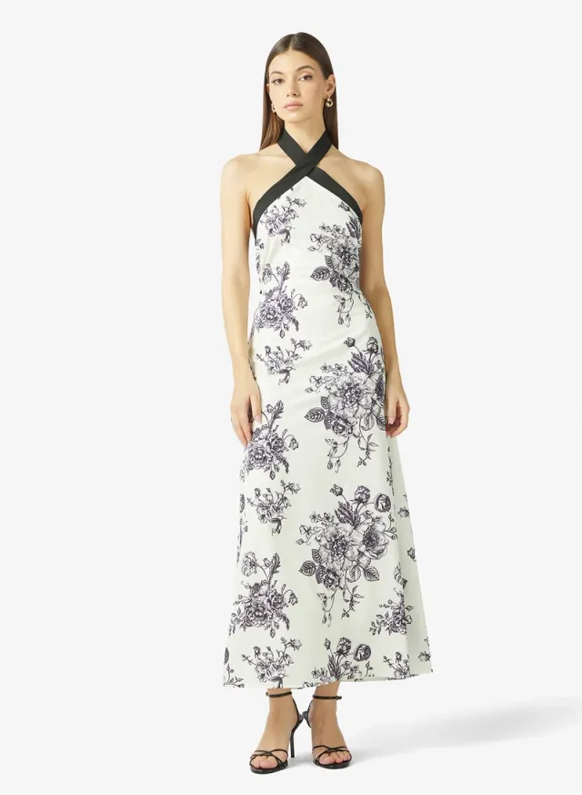 White Black Floral Print Halter Neck Maxi Dress