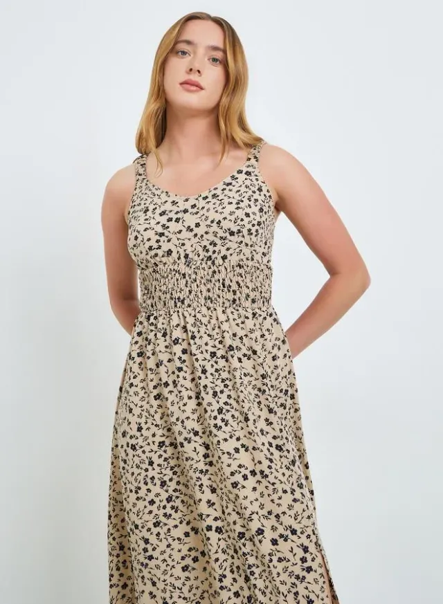Floral Smocked Strappy Midi Dress Beige – image 2