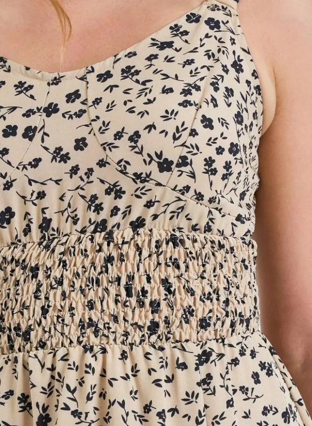 Floral Smocked Strappy Midi Dress Beige – image 4