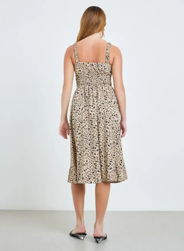 Floral Smocked Strappy Midi Dress Beige – image 6